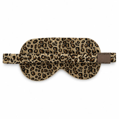 Jedwabna maska na oczy Leopard z 100% jedwabiu morwowego 22 momme marki Lumière – widok z tyłu z elastyczną jedwabną gumką.